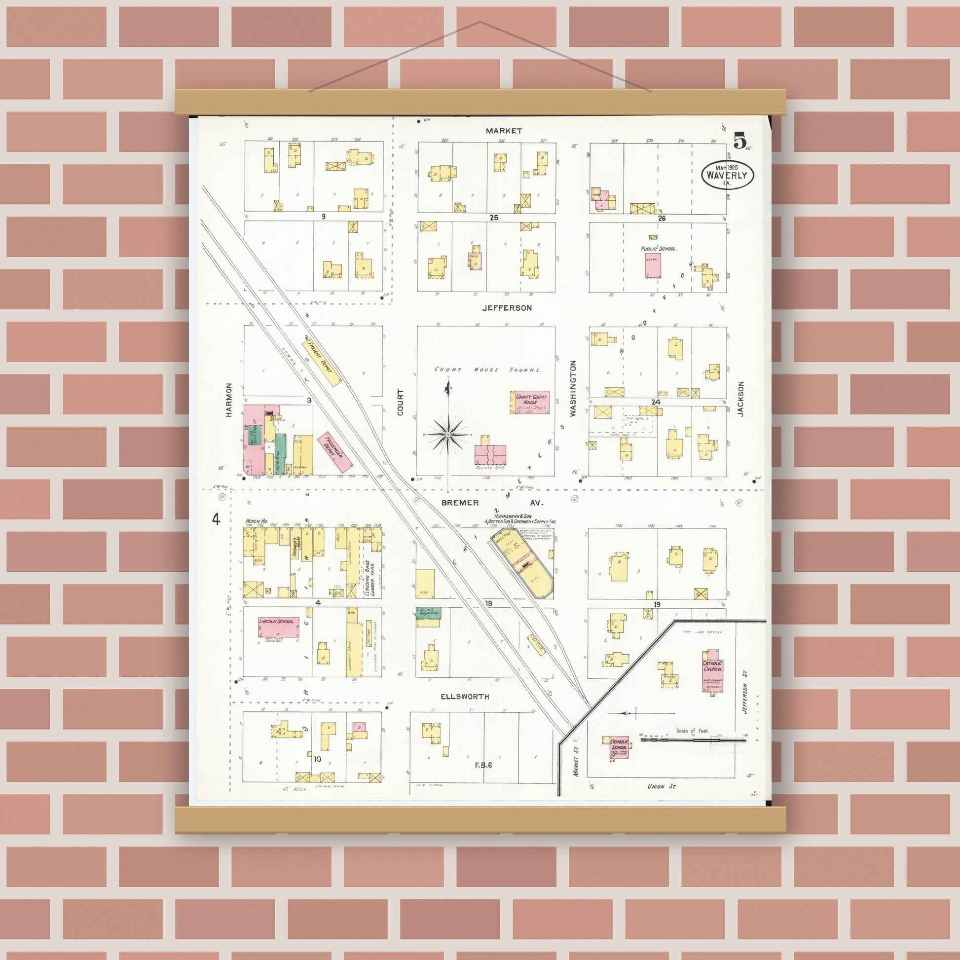 Old map wall art mockup — magnetic wood frame on brick wall — Sanborn Fire Insurance Map from Waverly, Bremer County, Iowa (1905), Sheet #0005