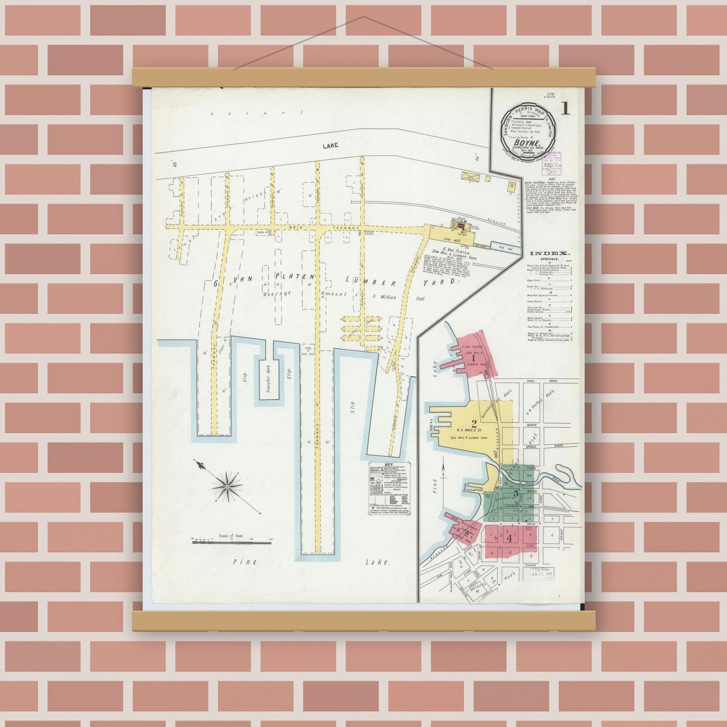 Old map wall art mockup — magnetic wood frame on brick wall — Sanborn Fire Insurance Map from Boyne City, Charlevoix County, Michigan (1901), Sheet #0001