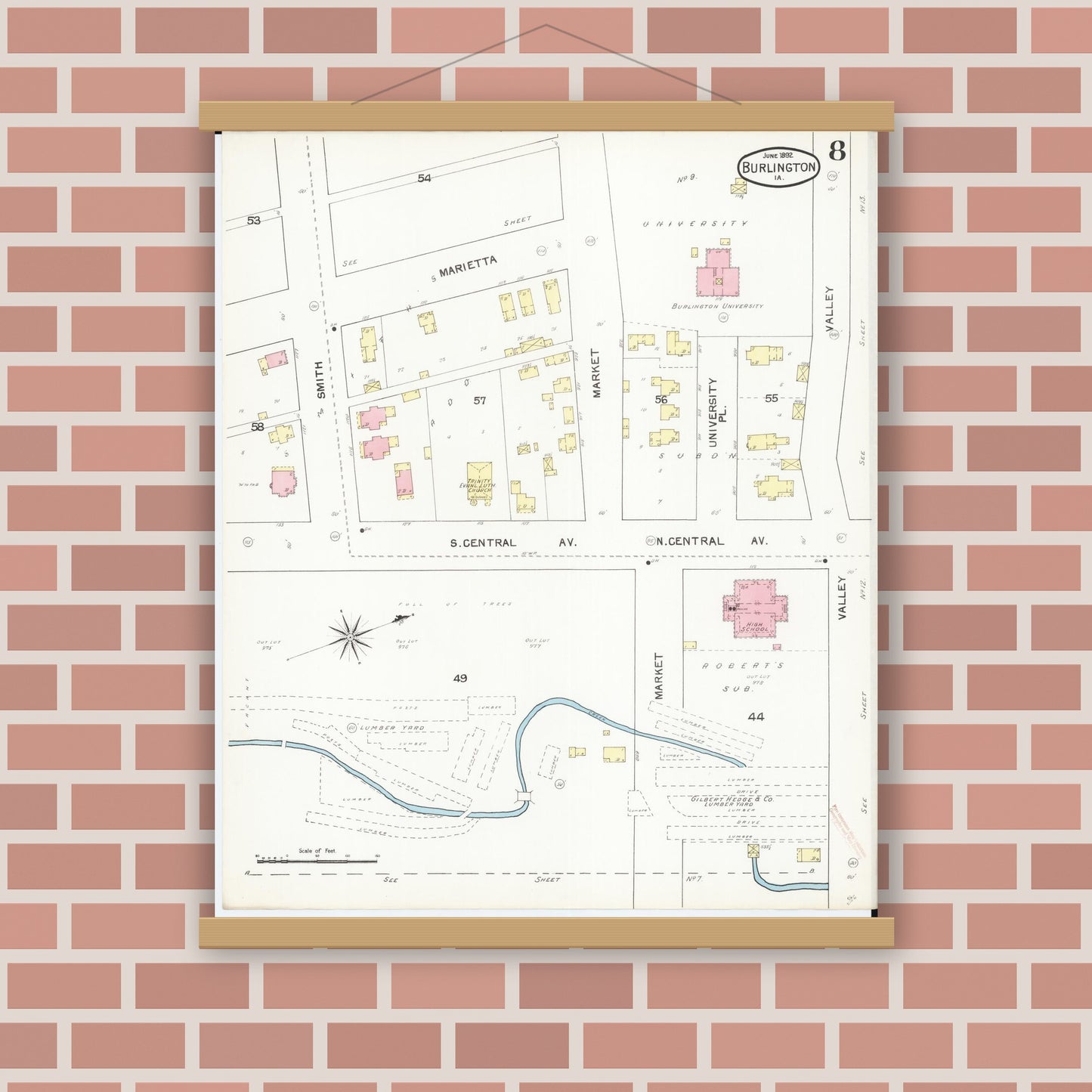 Old map wall art mockup — magnetic wood frame on brick wall — Sanborn Fire Insurance Map from Burlington, Des Moines County, Iowa (1892), Sheet #0008