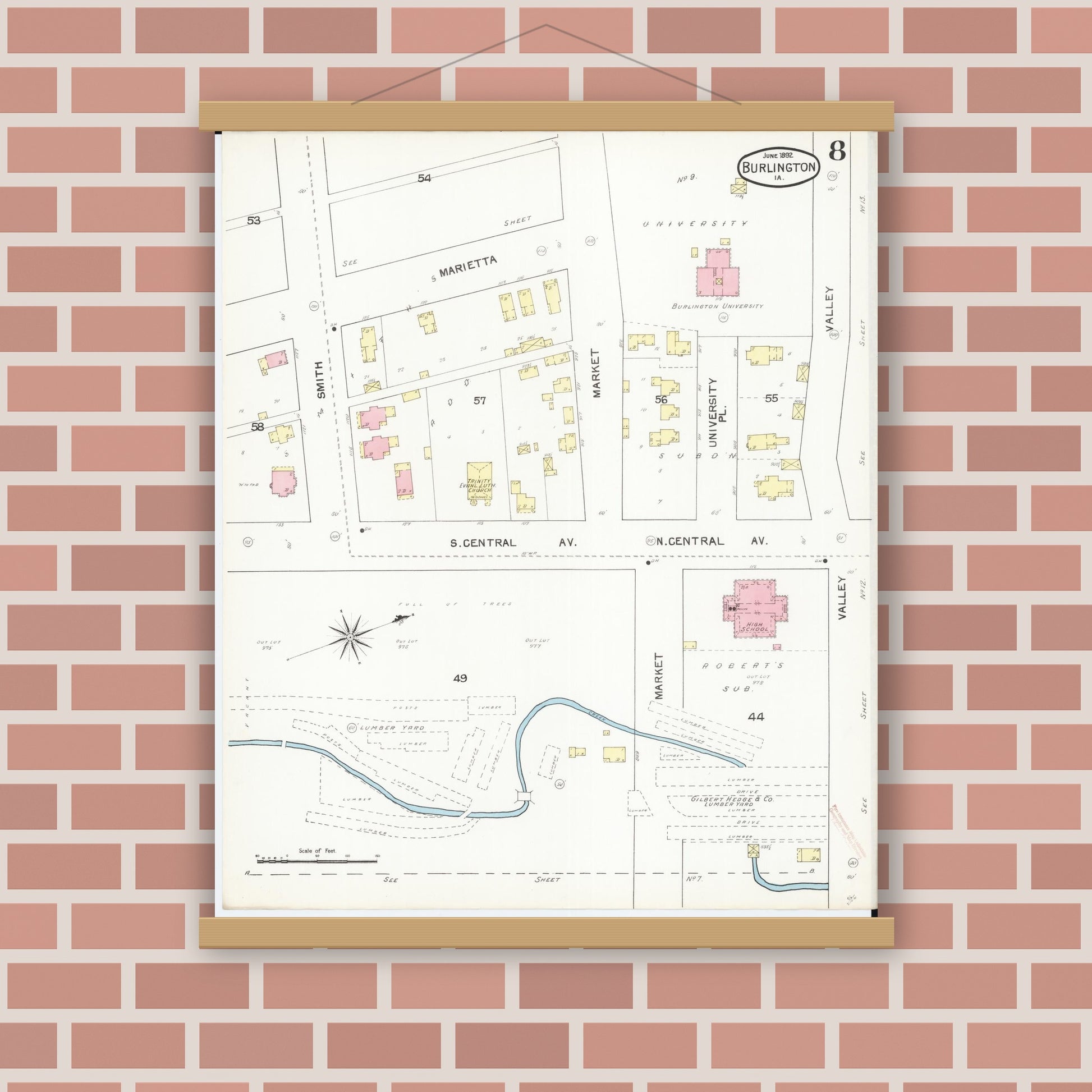 Old map wall art mockup — magnetic wood frame on brick wall — Sanborn Fire Insurance Map from Burlington, Des Moines County, Iowa (1892), Sheet #0008