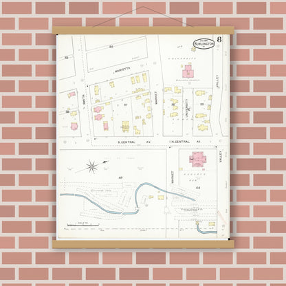 Old map wall art mockup — magnetic wood frame on brick wall — Sanborn Fire Insurance Map from Burlington, Des Moines County, Iowa (1892), Sheet #0008