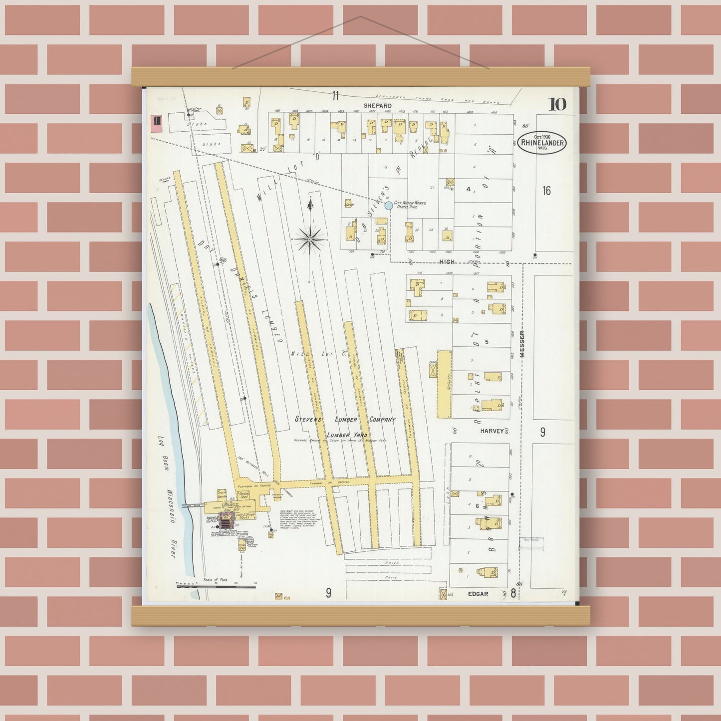 Old map wall art mockup — magnetic wood frame on brick wall — Sanborn Fire Insurance Map from Rhinelander, Oneida County, Wisconsin (1900), Sheet #0010