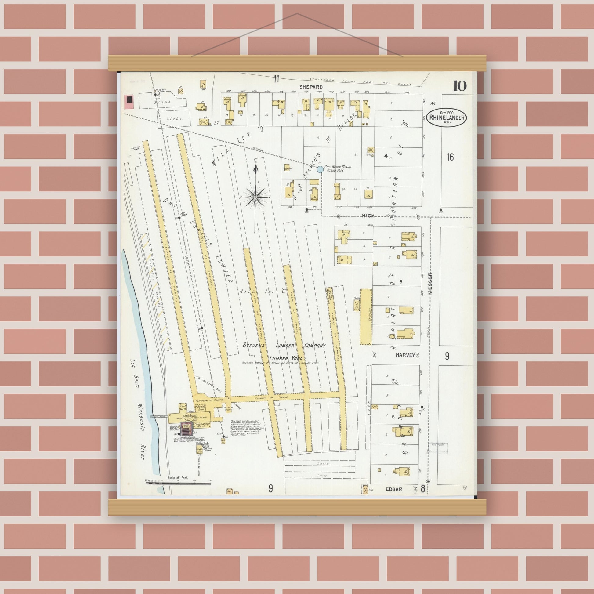 Old map wall art mockup — magnetic wood frame on brick wall — Sanborn Fire Insurance Map from Rhinelander, Oneida County, Wisconsin (1900), Sheet #0010