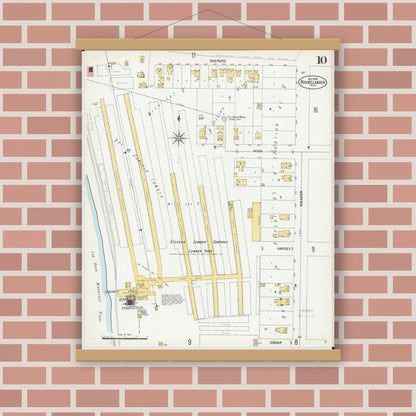 Old map wall art mockup — magnetic wood frame on brick wall — Sanborn Fire Insurance Map from Rhinelander, Oneida County, Wisconsin (1900), Sheet #0010