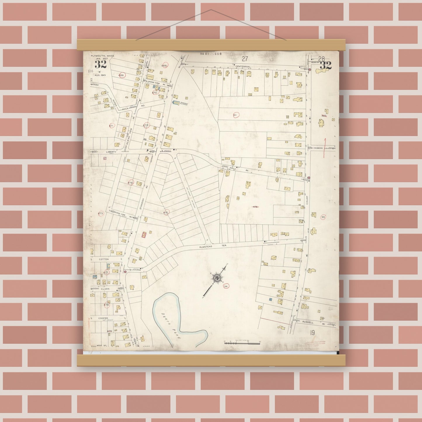 Old map wall art mockup — magnetic wood frame on brick wall — Sanborn Fire Insurance Map from Plymouth, Plymouth County, Massachusetts (1948), Sheet #0032