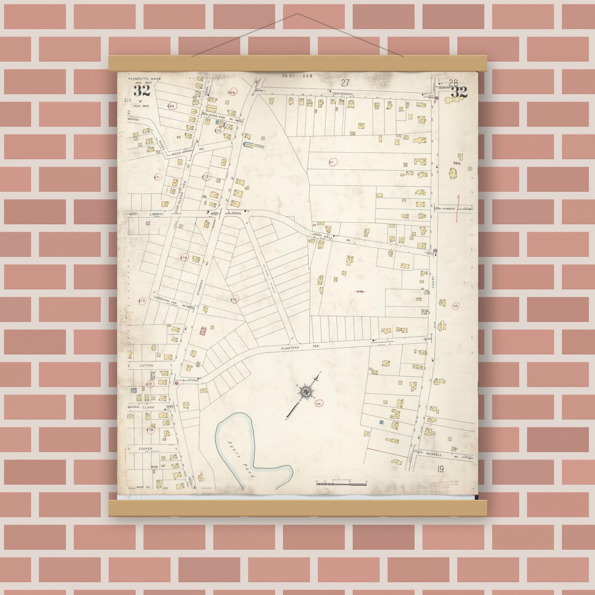 Old map wall art mockup — magnetic wood frame on brick wall — Sanborn Fire Insurance Map from Plymouth, Plymouth County, Massachusetts (1948), Sheet #0032