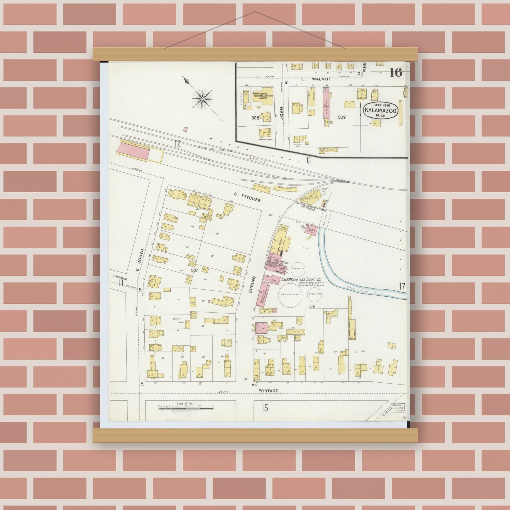 Old map wall art mockup — magnetic wood frame on brick wall — Sanborn Fire Insurance Map from Kalamazoo, Kalamazoo County, Michigan (1896), Sheet #0016