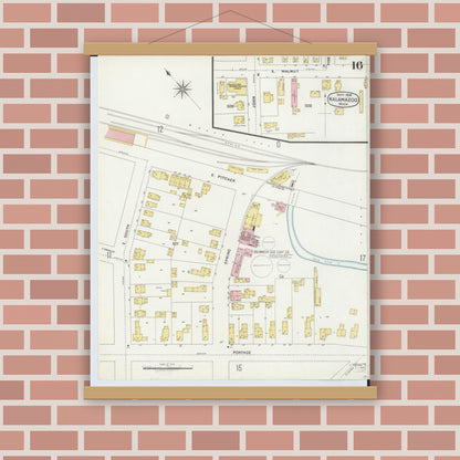 Old map wall art mockup — magnetic wood frame on brick wall — Sanborn Fire Insurance Map from Kalamazoo, Kalamazoo County, Michigan (1896), Sheet #0016
