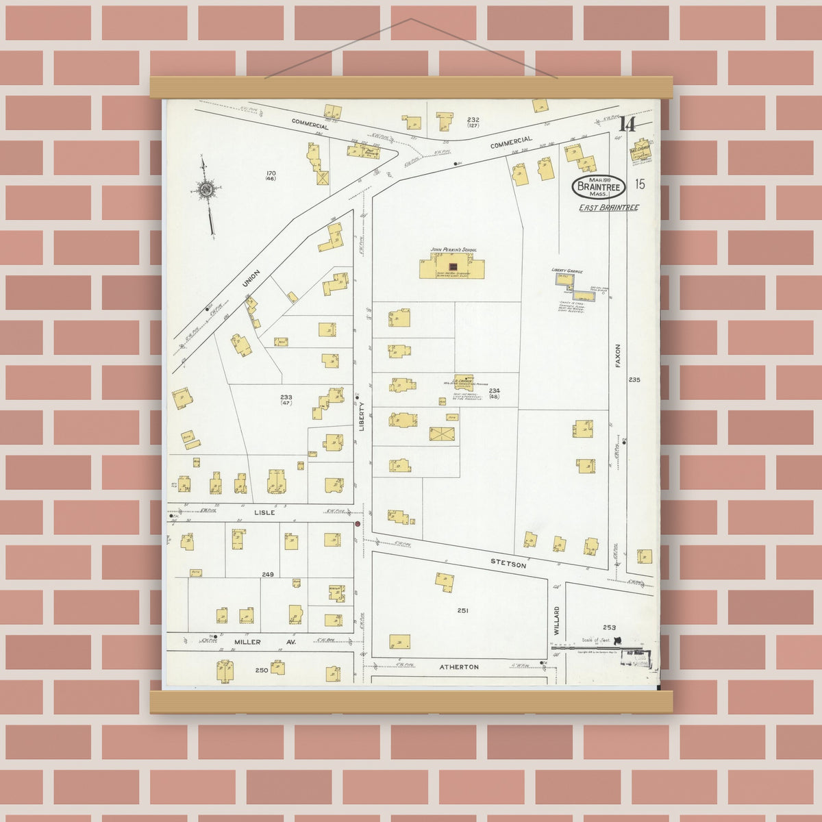 Old map wall art mockup — magnetic wood frame on brick wall — Sanborn Fire Insurance Map from Braintree, Norfolk County, Massachusetts (1919), Sheet #0014
