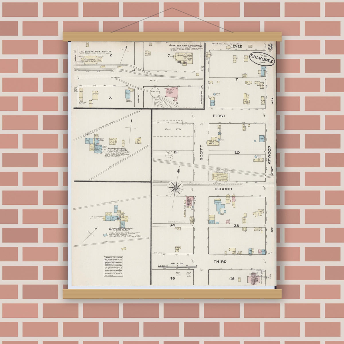 Old map wall art mockup — magnetic wood frame on brick wall — Sanborn Fire Insurance Map from Shakopee, Scott County, Minnesota (1884), Sheet #0003
