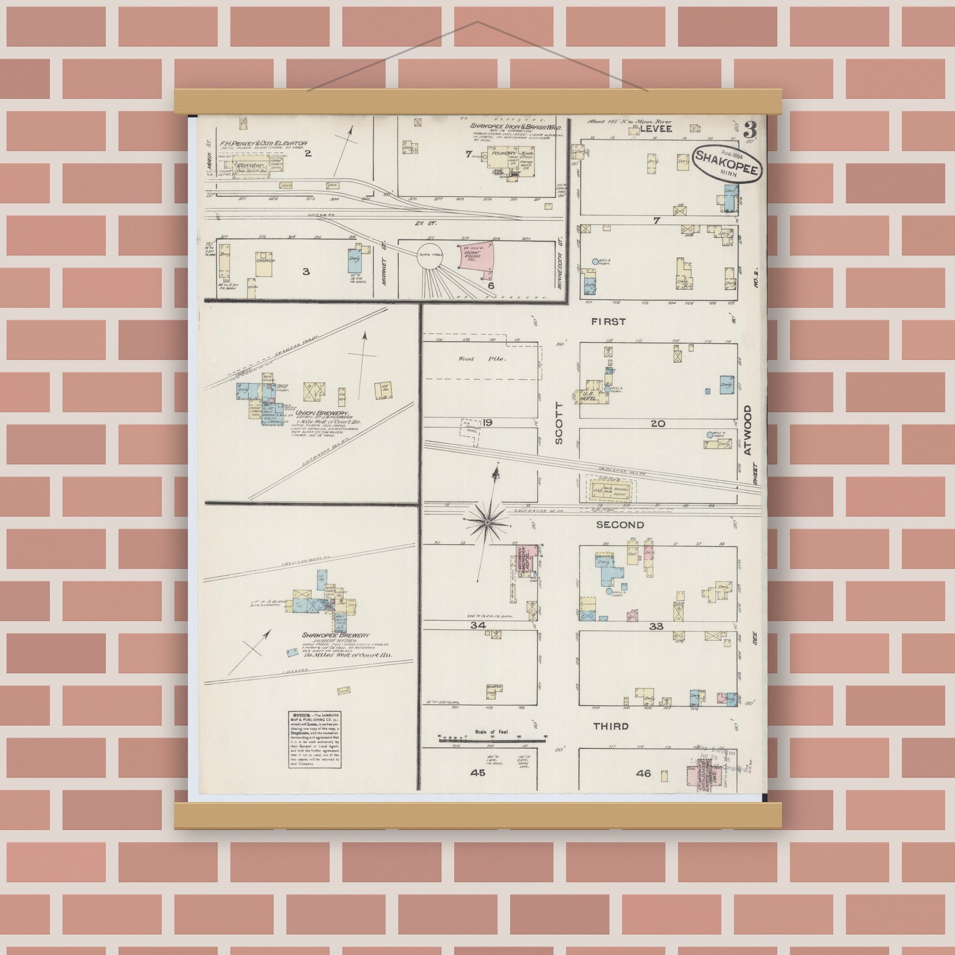 Old map wall art mockup — magnetic wood frame on brick wall — Sanborn Fire Insurance Map from Shakopee, Scott County, Minnesota (1884), Sheet #0003