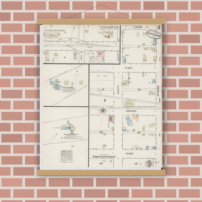 Old map wall art mockup — magnetic wood frame on brick wall — Sanborn Fire Insurance Map from Shakopee, Scott County, Minnesota (1884), Sheet #0003