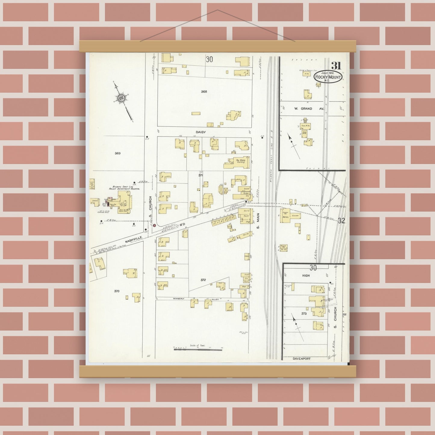 Old map wall art mockup — magnetic wood frame on brick wall — Sanborn Fire Insurance Map from Rocky Mount, Edgecombe And Nash Counties, North Carolina (1912), Sheet #0031