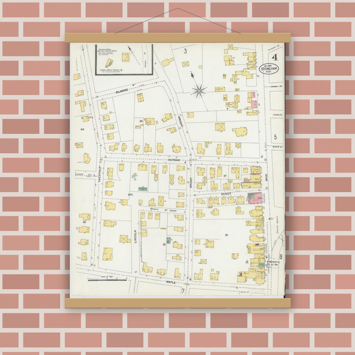 Old map wall art mockup — magnetic wood frame on brick wall — Sanborn Fire Insurance Map from Stoneham, Middlesex County, Massachusetts (1903), Sheet #0004