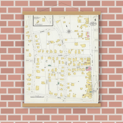 Old map wall art mockup — magnetic wood frame on brick wall — Sanborn Fire Insurance Map from Stoneham, Middlesex County, Massachusetts (1903), Sheet #0004