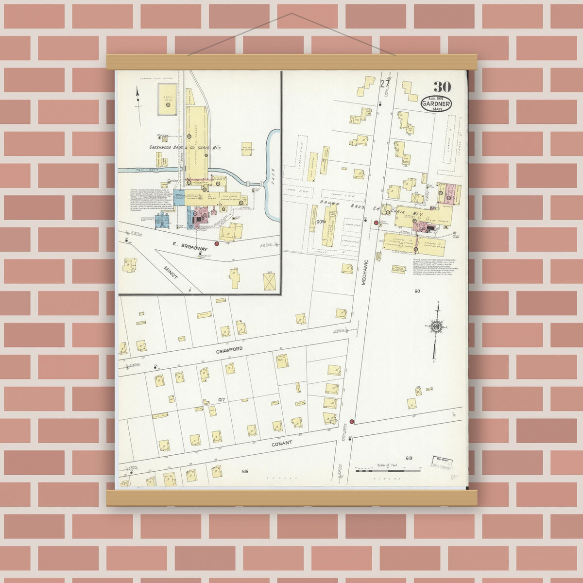 Old map wall art mockup — magnetic wood frame on brick wall — Sanborn Fire Insurance Map from Gardner, Worcester County, Massachusetts (1914), Sheet #0030