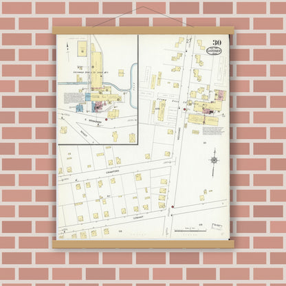Old map wall art mockup — magnetic wood frame on brick wall — Sanborn Fire Insurance Map from Gardner, Worcester County, Massachusetts (1914), Sheet #0030