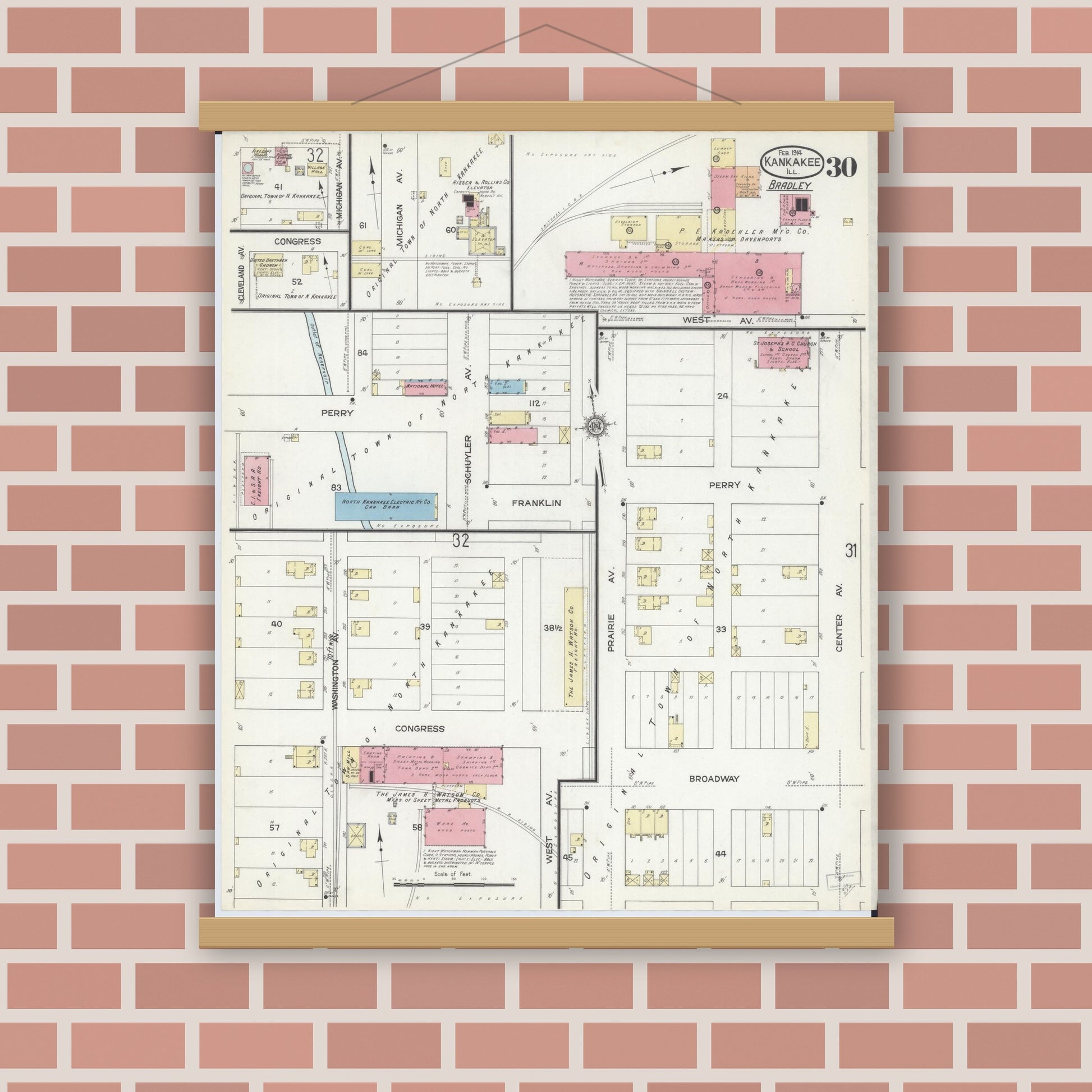 Old map wall art mockup — magnetic wood frame on brick wall — Sanborn Fire Insurance Map from Kankakee, Kankakee County, Illinois (1914), Sheet #0030