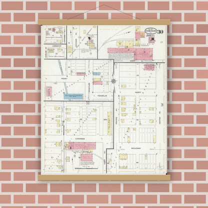 Old map wall art mockup — magnetic wood frame on brick wall — Sanborn Fire Insurance Map from Kankakee, Kankakee County, Illinois (1914), Sheet #0030