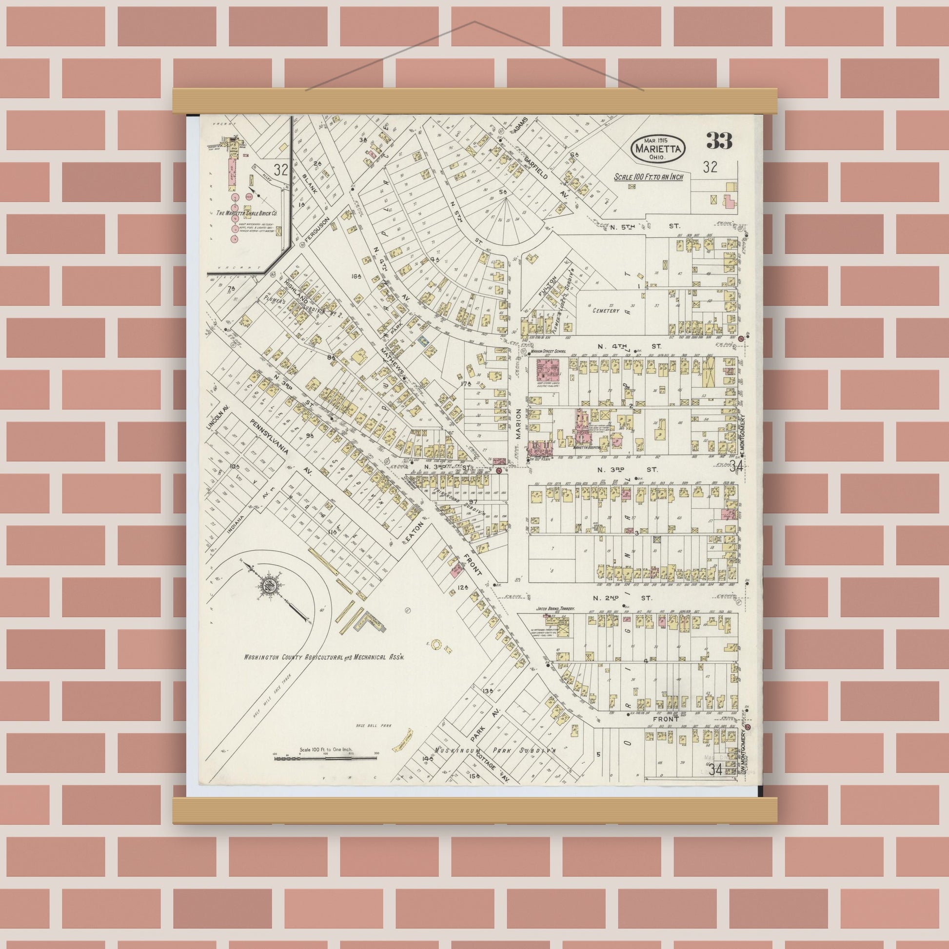 Old map wall art mockup — magnetic wood frame on brick wall — Sanborn Fire Insurance Map from Marietta, Washington County, Ohio (1915), Sheet #0033