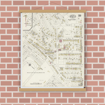 Old map wall art mockup — magnetic wood frame on brick wall — Sanborn Fire Insurance Map from Marietta, Washington County, Ohio (1915), Sheet #0033
