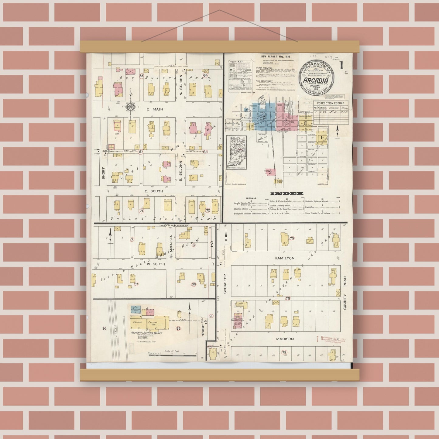 Old map wall art mockup — magnetic wood frame on brick wall — Sanborn Fire Insurance Map from Arcadia, Hamilton County, Indiana (1933), Sheet #0001