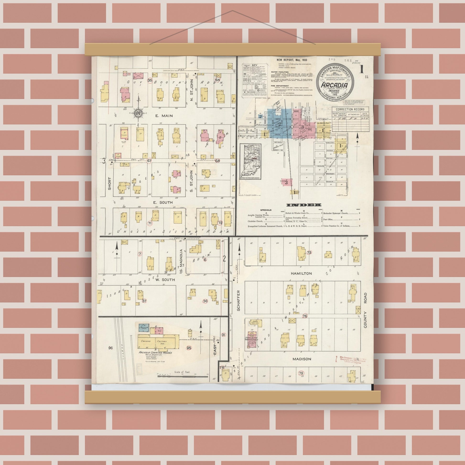 Old map wall art mockup — magnetic wood frame on brick wall — Sanborn Fire Insurance Map from Arcadia, Hamilton County, Indiana (1933), Sheet #0001
