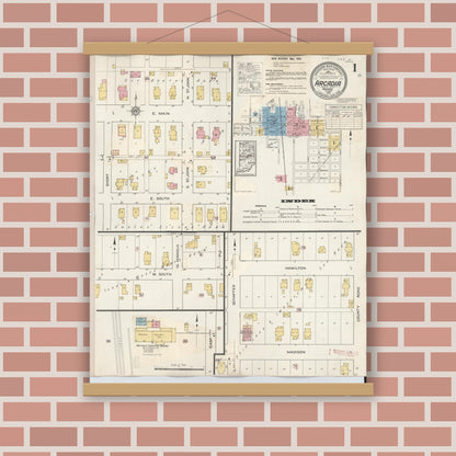 Old map wall art mockup — magnetic wood frame on brick wall — Sanborn Fire Insurance Map from Arcadia, Hamilton County, Indiana (1933), Sheet #0001