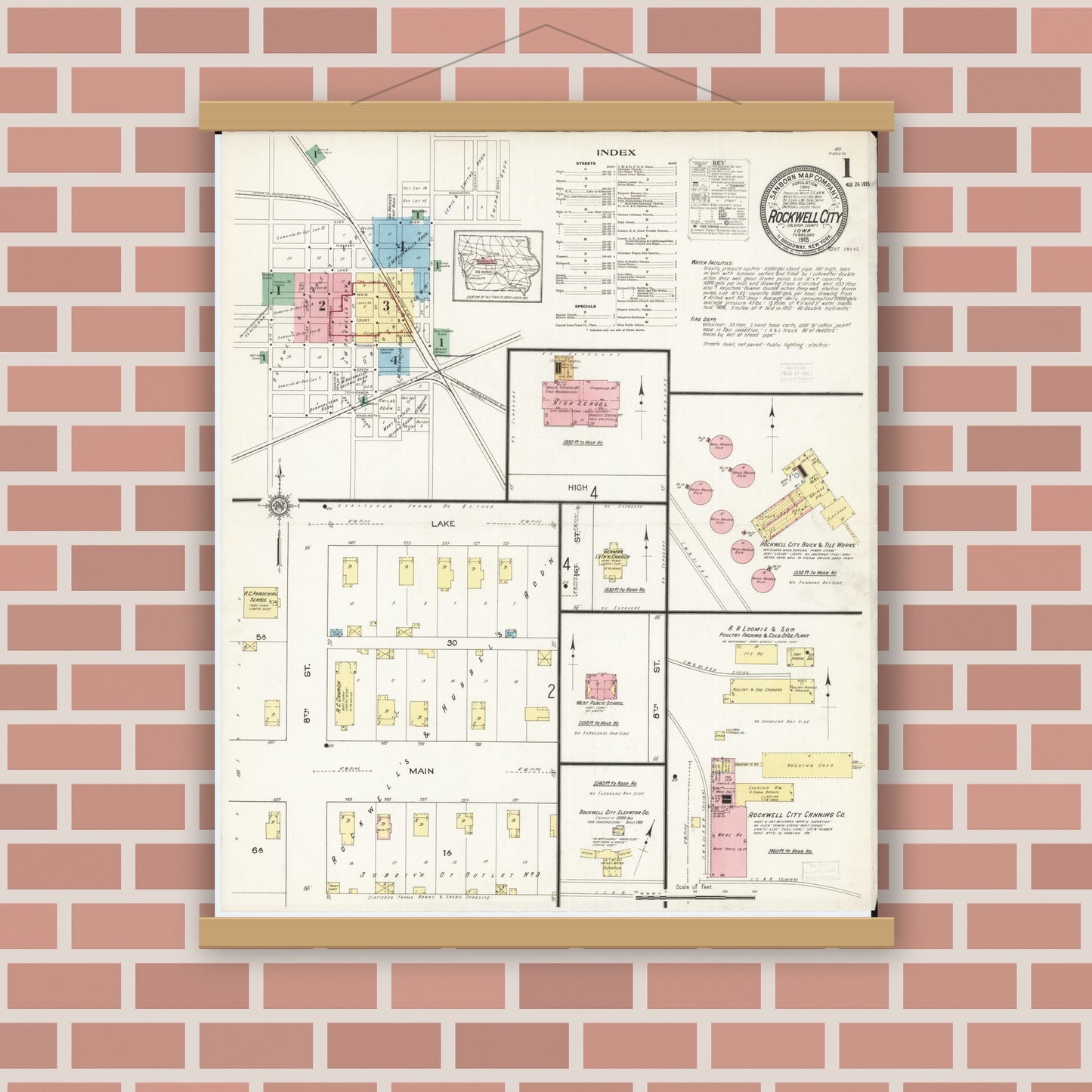Old map wall art mockup — magnetic wood frame on brick wall — Sanborn Fire Insurance Map from Rockwell City, Calhoun County, Iowa (1915) â€” Complete Set