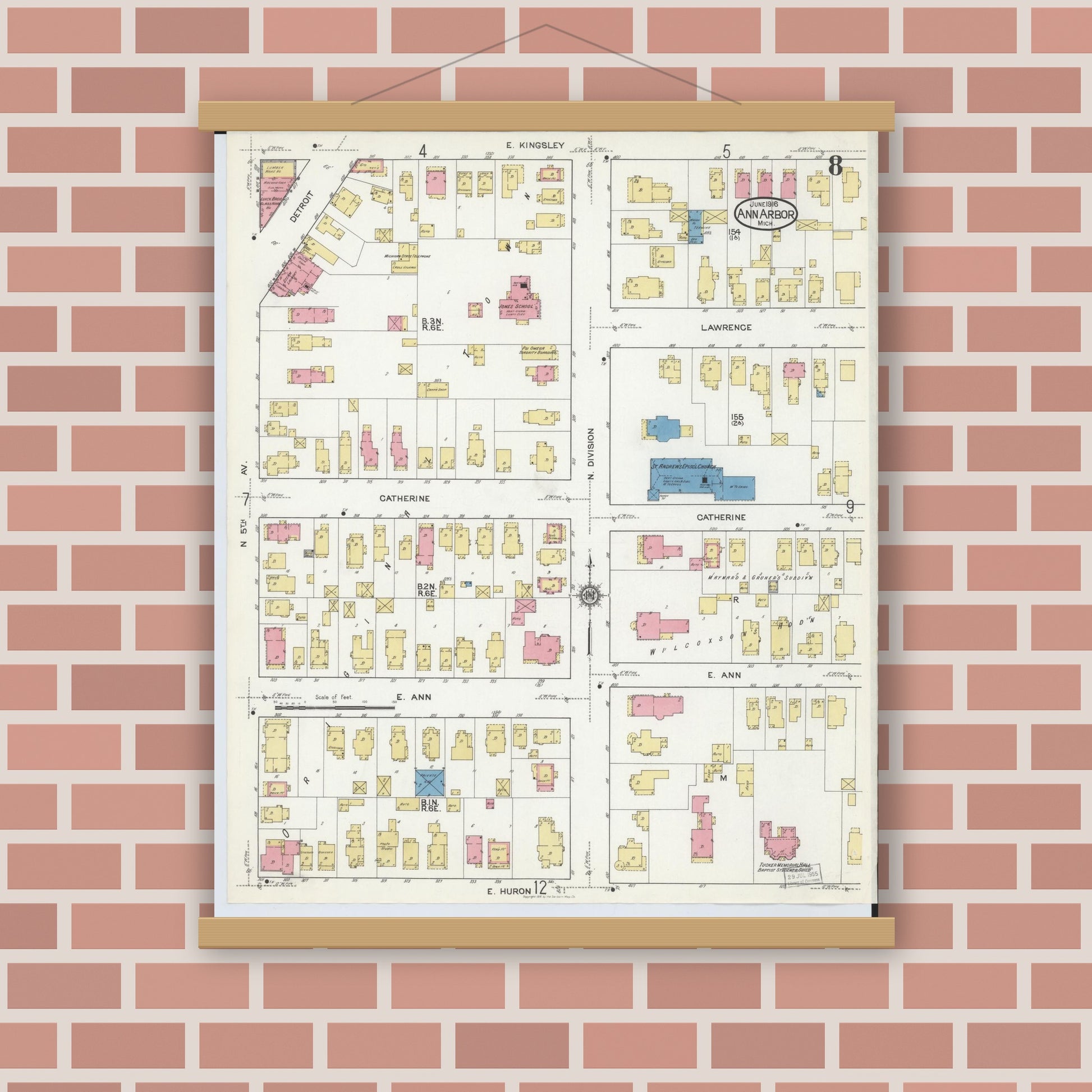 Old map wall art mockup — magnetic wood frame on brick wall — Sanborn Fire Insurance Map from Ann Arbor, Washtenaw County, Michigan (1916), Sheet #0008