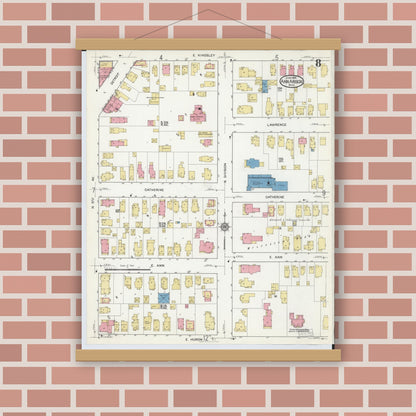 Old map wall art mockup — magnetic wood frame on brick wall — Sanborn Fire Insurance Map from Ann Arbor, Washtenaw County, Michigan (1916), Sheet #0008