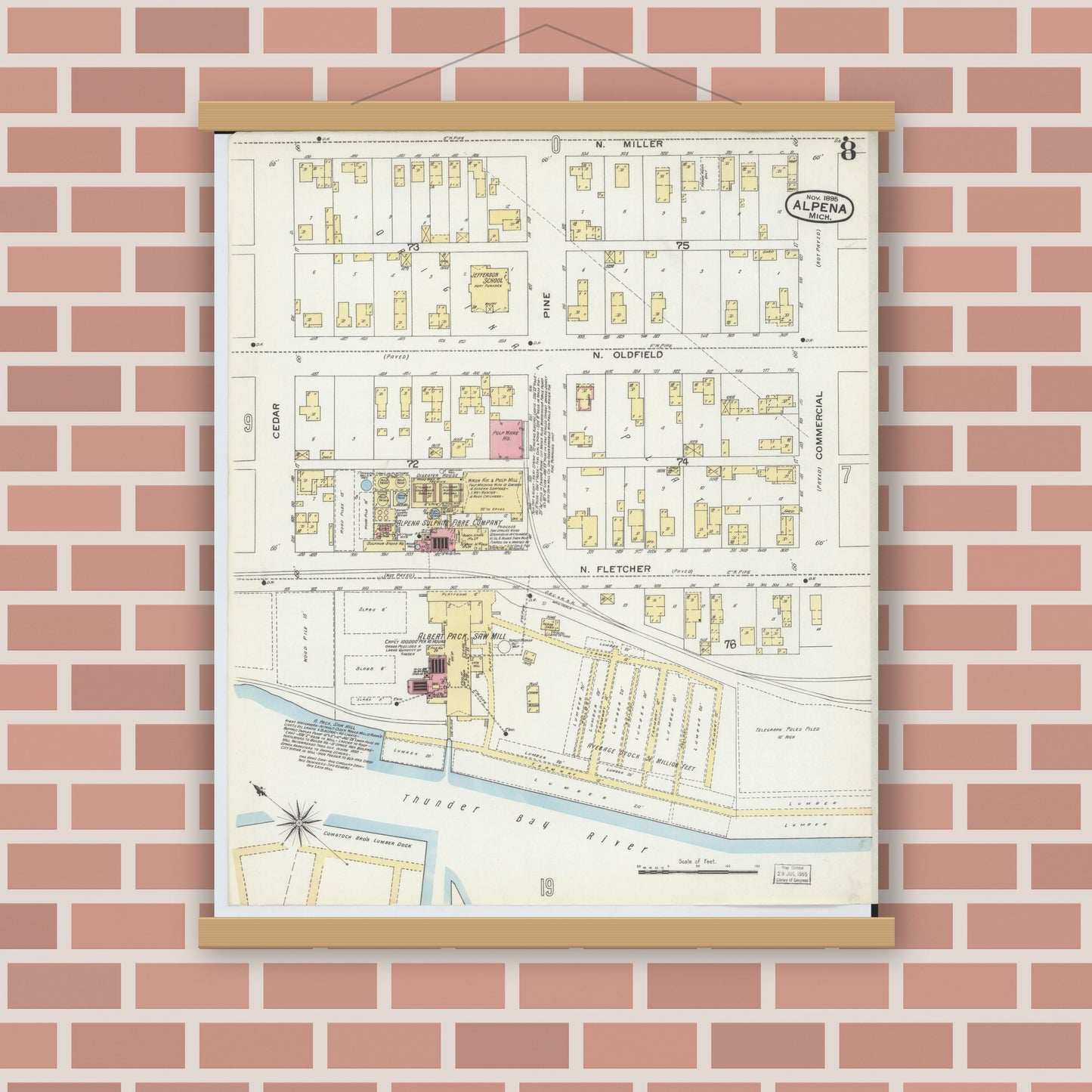 Old map wall art mockup — magnetic wood frame on brick wall — Sanborn Fire Insurance Map from Alpena, Alpena County, Michigan (1895), Sheet #0008