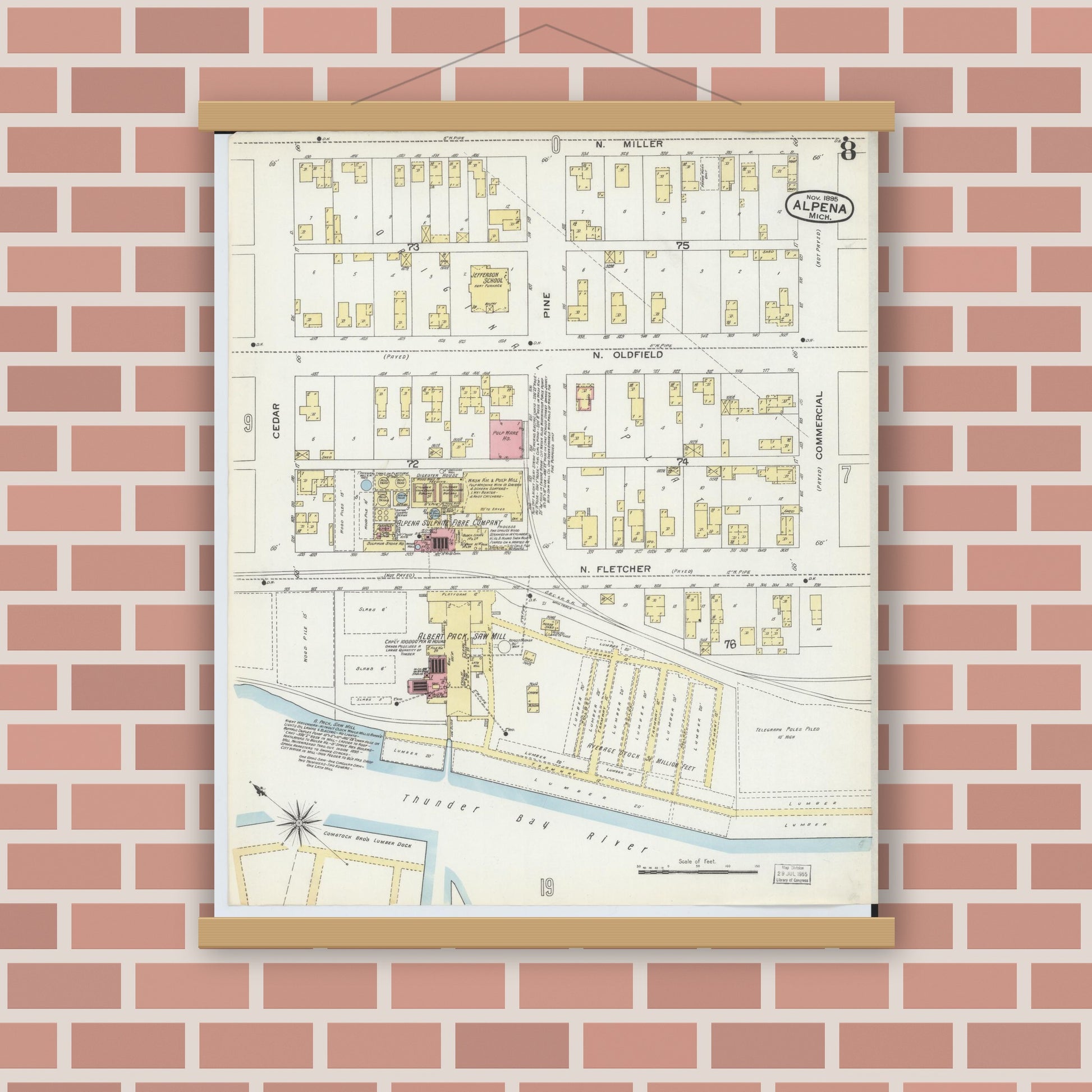 Old map wall art mockup — magnetic wood frame on brick wall — Sanborn Fire Insurance Map from Alpena, Alpena County, Michigan (1895), Sheet #0008
