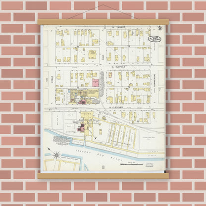Old map wall art mockup — magnetic wood frame on brick wall — Sanborn Fire Insurance Map from Alpena, Alpena County, Michigan (1895), Sheet #0008