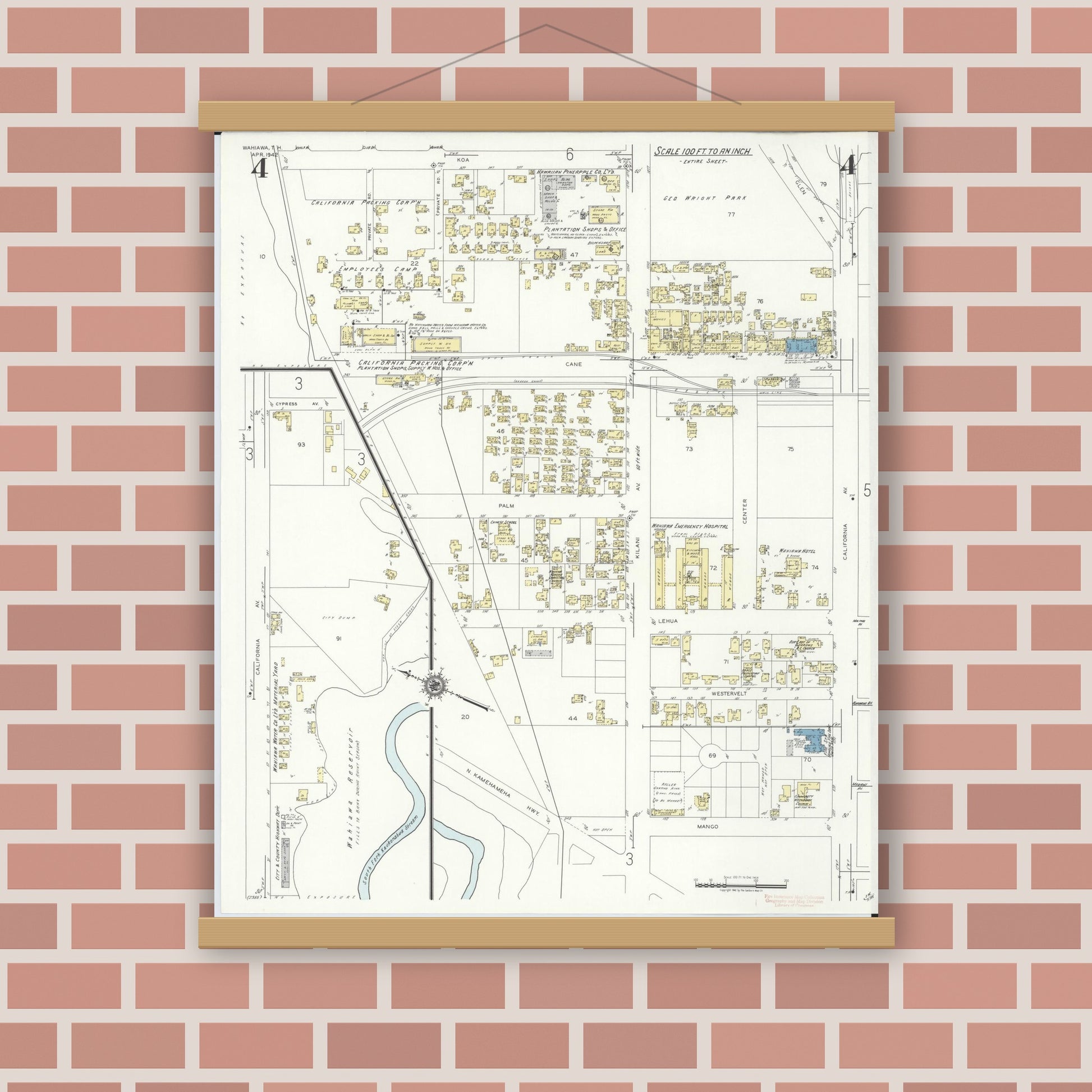 Old map wall art mockup — magnetic wood frame on brick wall — Sanborn Fire Insurance Map from Wahiawa, Honolulu County, Hawaii (1942), Sheet #0004