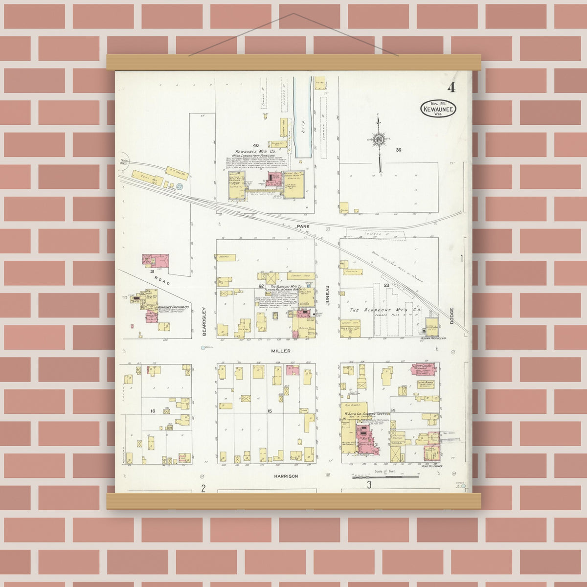 Old map wall art mockup — magnetic wood frame on brick wall — Sanborn Fire Insurance Map from Kewaunee, Kewaunee County, Wisconsin (1911), Sheet #0004