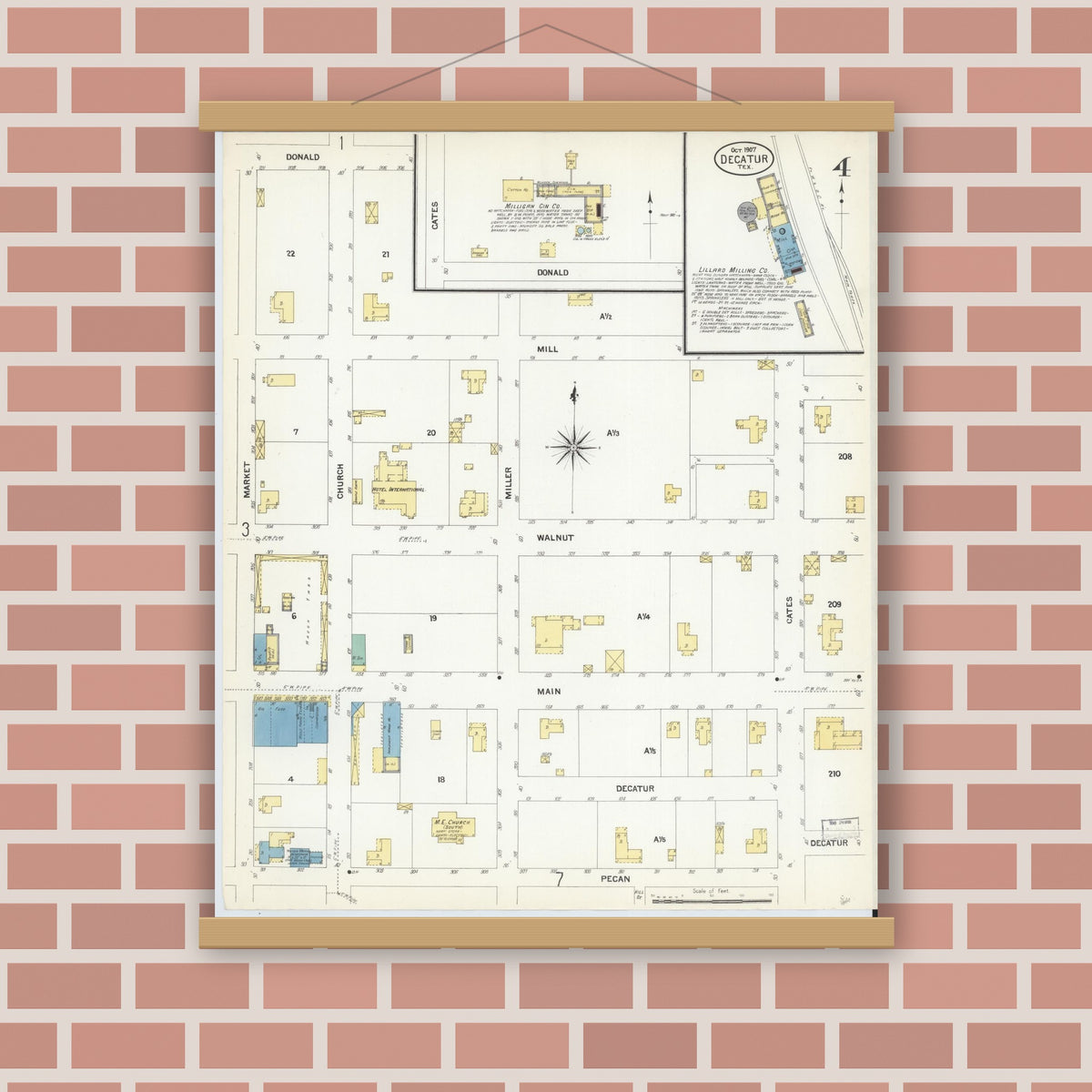 Old map wall art mockup — magnetic wood frame on brick wall — Sanborn Fire Insurance Map from Decatur, Wise County, Texas (1907), Sheet #0004
