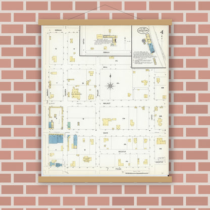 Old map wall art mockup — magnetic wood frame on brick wall — Sanborn Fire Insurance Map from Decatur, Wise County, Texas (1907), Sheet #0004