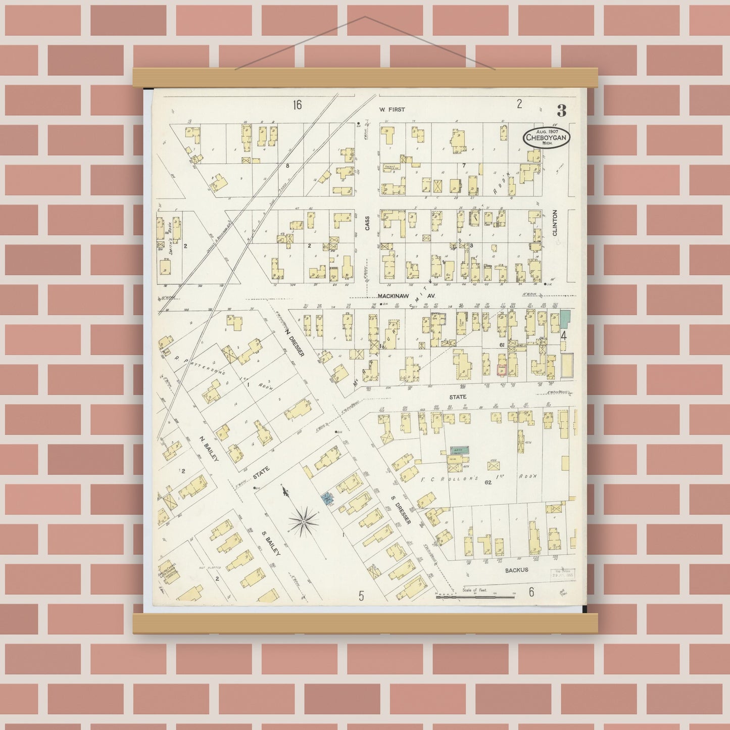Old map wall art mockup — magnetic wood frame on brick wall — Sanborn Fire Insurance Map from Cheboygan, Cheboygan County, Michigan (1907), Sheet #0003