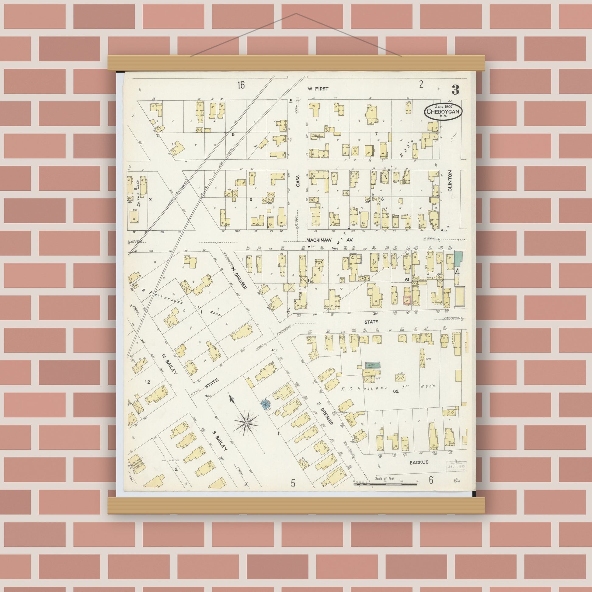 Old map wall art mockup — magnetic wood frame on brick wall — Sanborn Fire Insurance Map from Cheboygan, Cheboygan County, Michigan (1907), Sheet #0003
