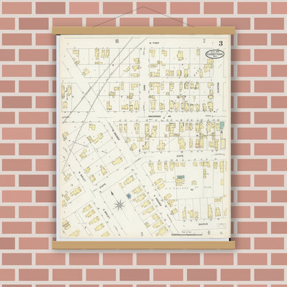 Old map wall art mockup — magnetic wood frame on brick wall — Sanborn Fire Insurance Map from Cheboygan, Cheboygan County, Michigan (1907), Sheet #0003