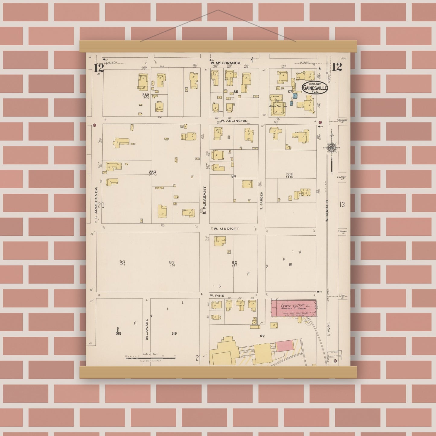 Old map wall art mockup — magnetic wood frame on brick wall — Sanborn Fire Insurance Map from Gainesville, Alachua County, Florida (1922), Sheet #0012