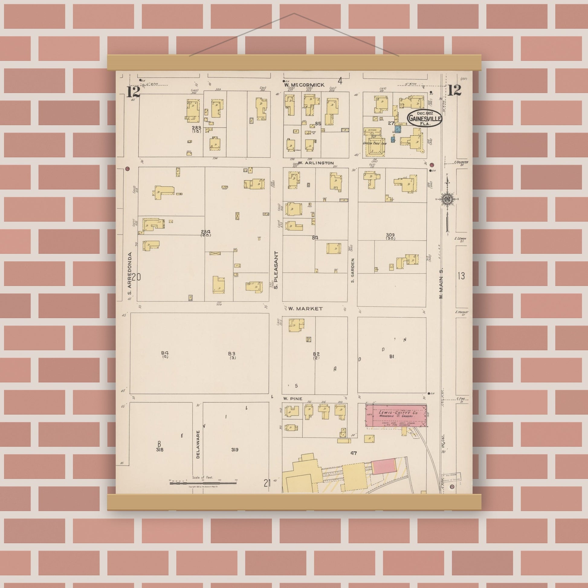 Old map wall art mockup — magnetic wood frame on brick wall — Sanborn Fire Insurance Map from Gainesville, Alachua County, Florida (1922), Sheet #0012