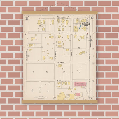 Old map wall art mockup — magnetic wood frame on brick wall — Sanborn Fire Insurance Map from Gainesville, Alachua County, Florida (1922), Sheet #0012