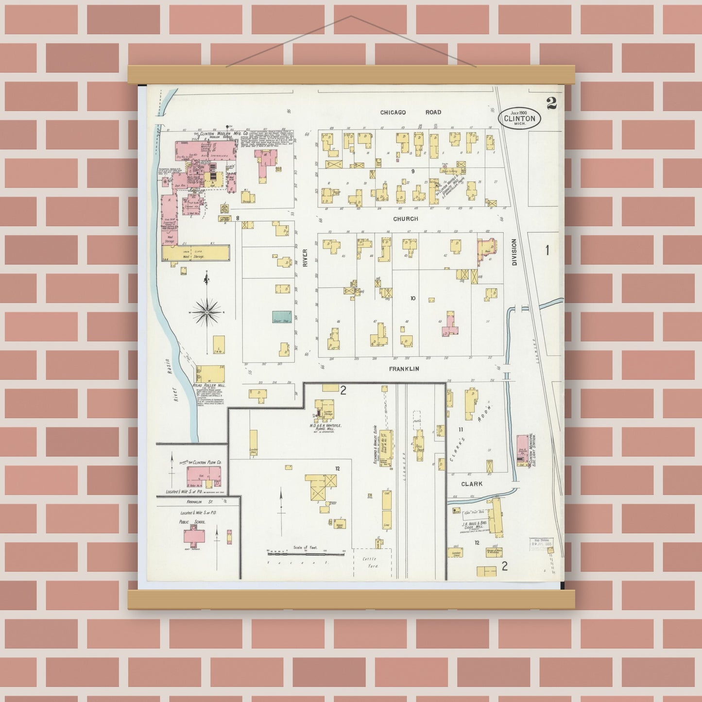 Old map wall art mockup — magnetic wood frame on brick wall — Sanborn Fire Insurance Map from Clinton, Lenawee County, Michigan (1900), Sheet #0002