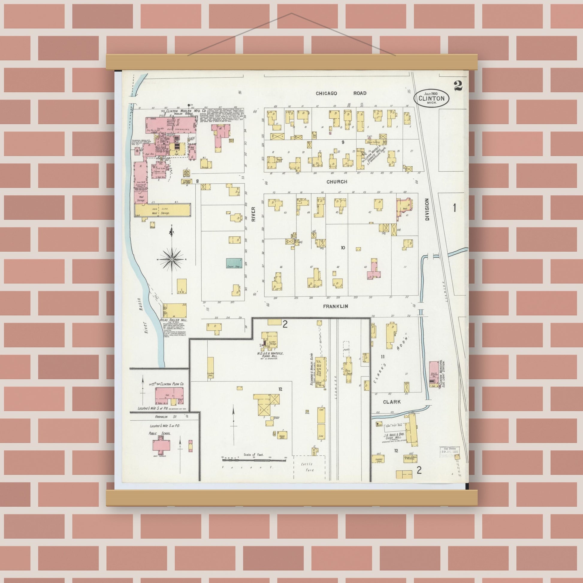 Old map wall art mockup — magnetic wood frame on brick wall — Sanborn Fire Insurance Map from Clinton, Lenawee County, Michigan (1900), Sheet #0002