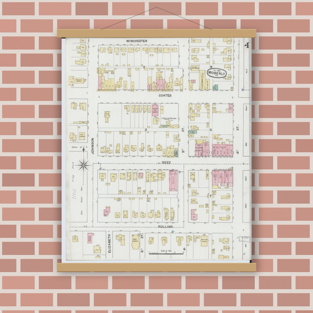 Old map wall art mockup — magnetic wood frame on brick wall — Sanborn Fire Insurance Map from Moberly, Randolph County, Missouri (1888), Sheet #0004