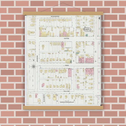 Old map wall art mockup — magnetic wood frame on brick wall — Sanborn Fire Insurance Map from Moberly, Randolph County, Missouri (1888), Sheet #0004