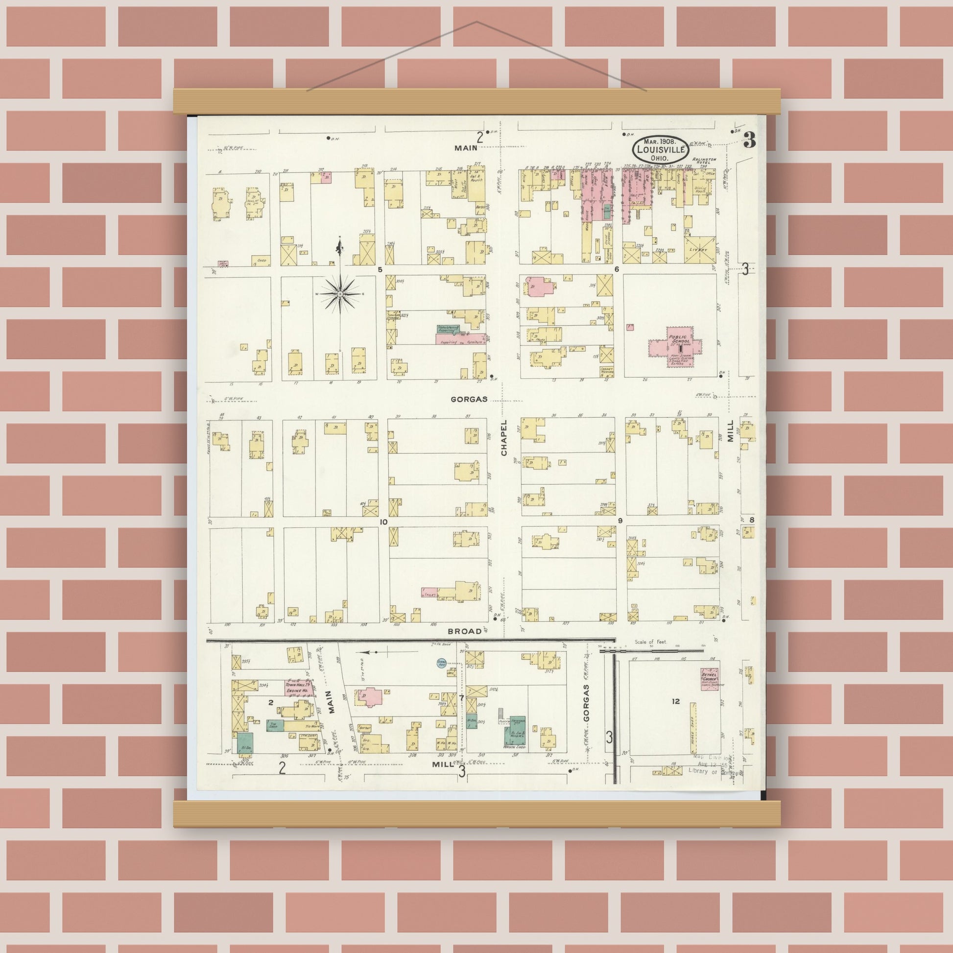Old map wall art mockup — magnetic wood frame on brick wall — Sanborn Fire Insurance Map from Louisville, Stark County, Ohio (1908), Sheet #0003