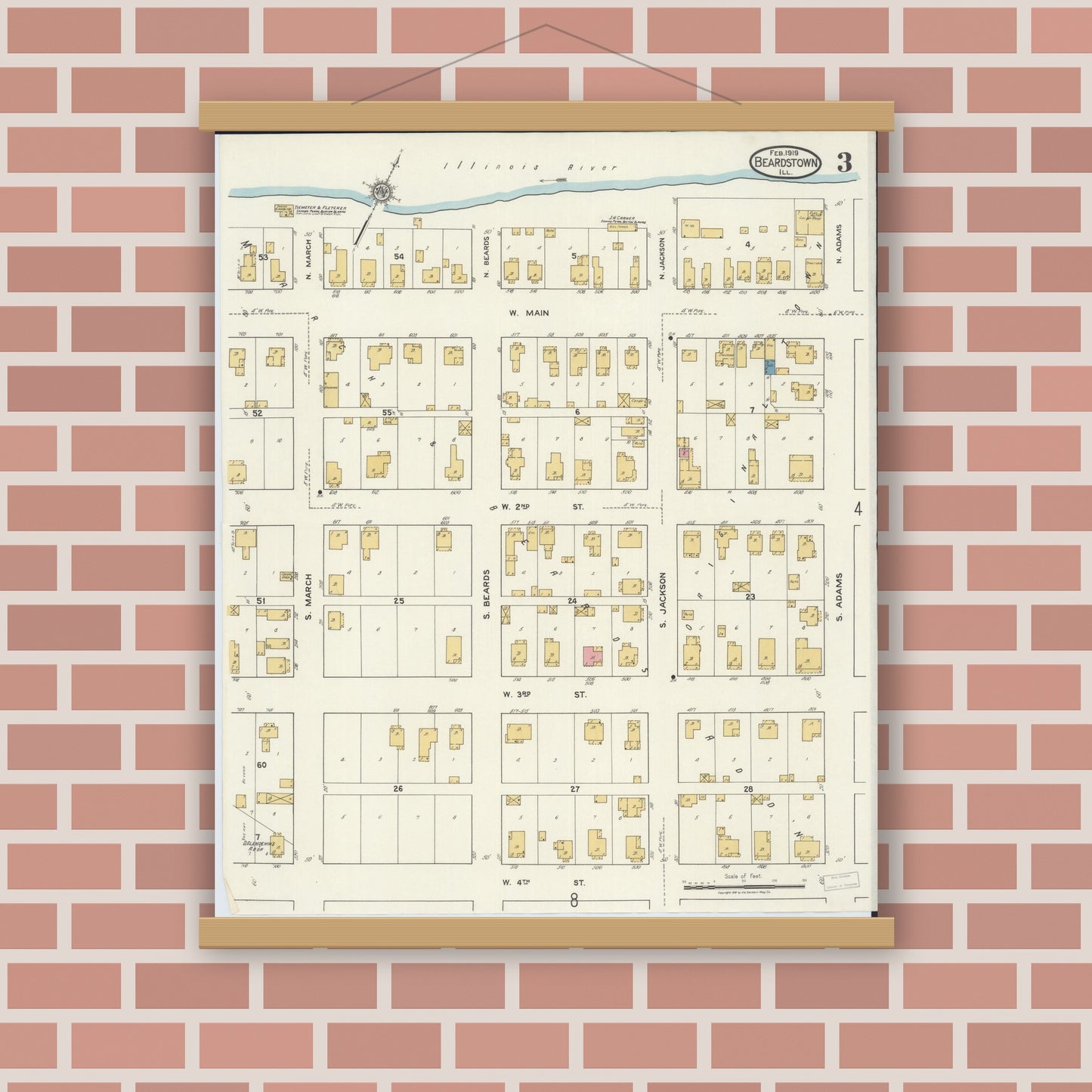 Old map wall art mockup — magnetic wood frame on brick wall — Sanborn Fire Insurance Map from Beardstown, Cass County, Illinois (1919), Sheet #0003